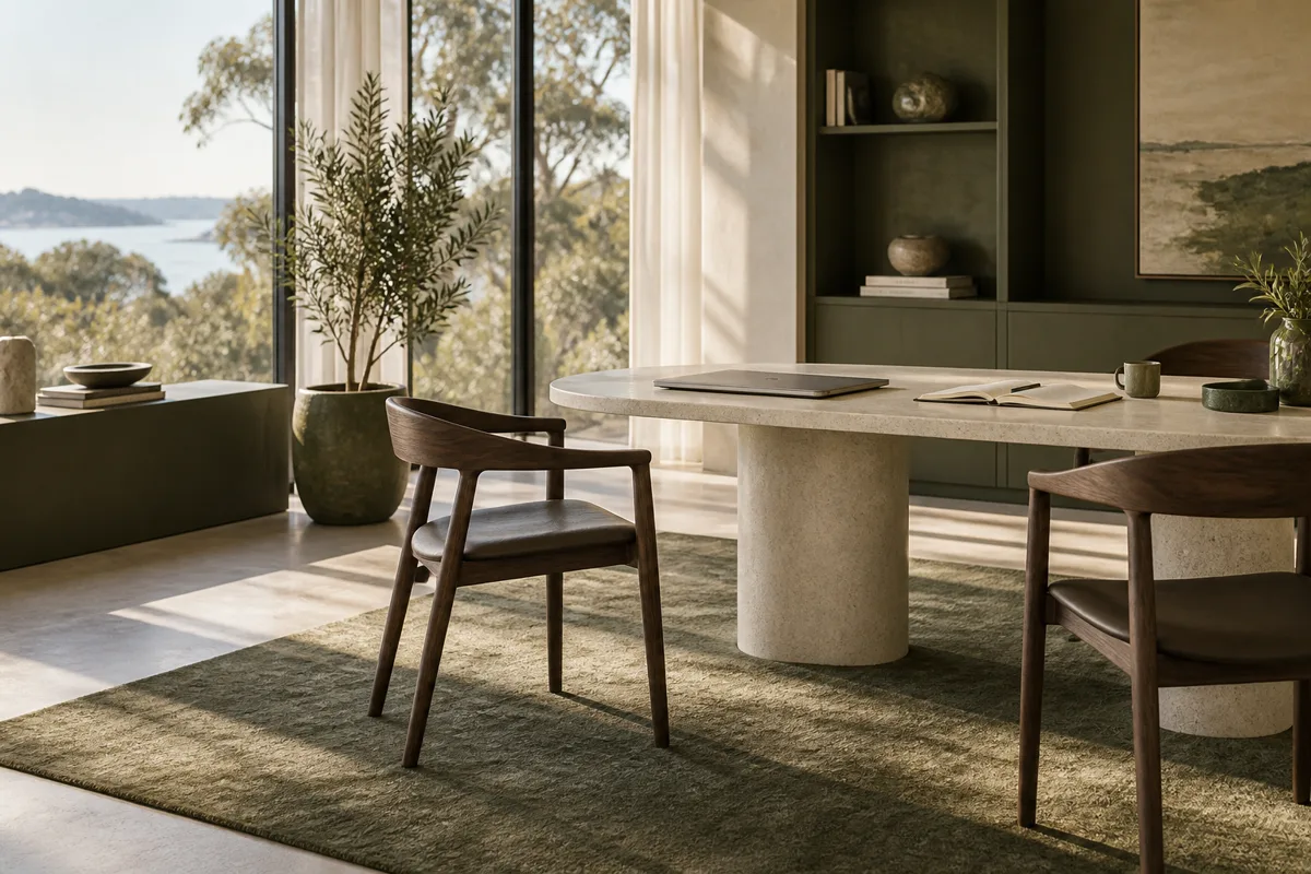 Editorial illustration of a calm studio meeting space with two chairs