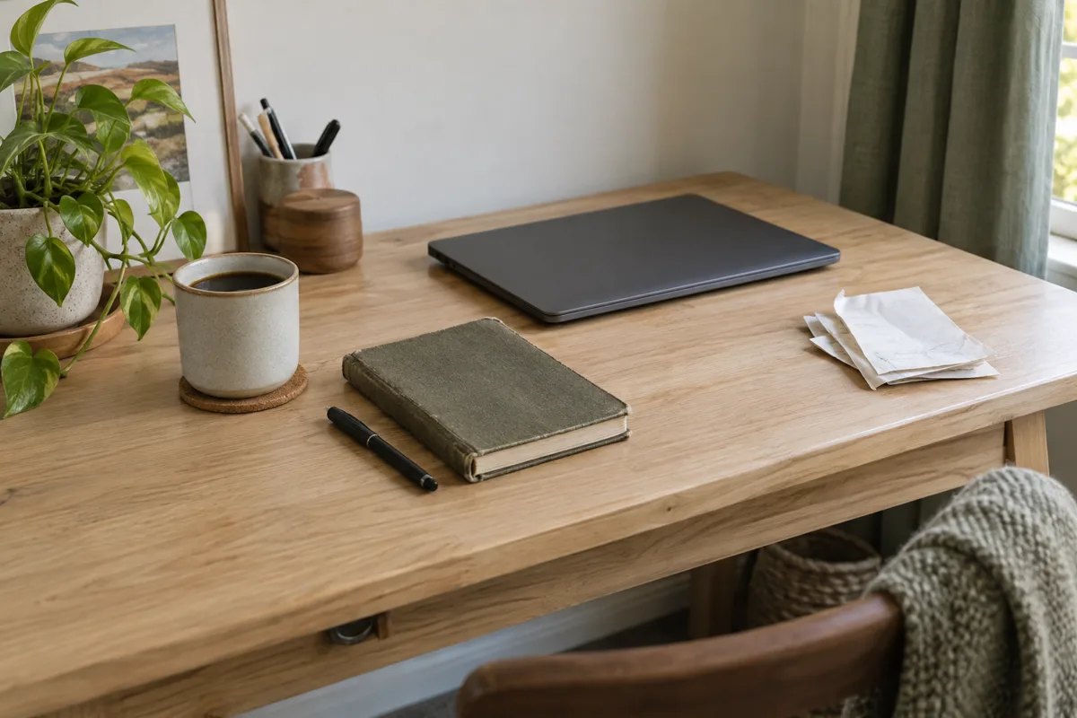 Editorial image of a simple business workspace with a closed laptop, notebook and coffee