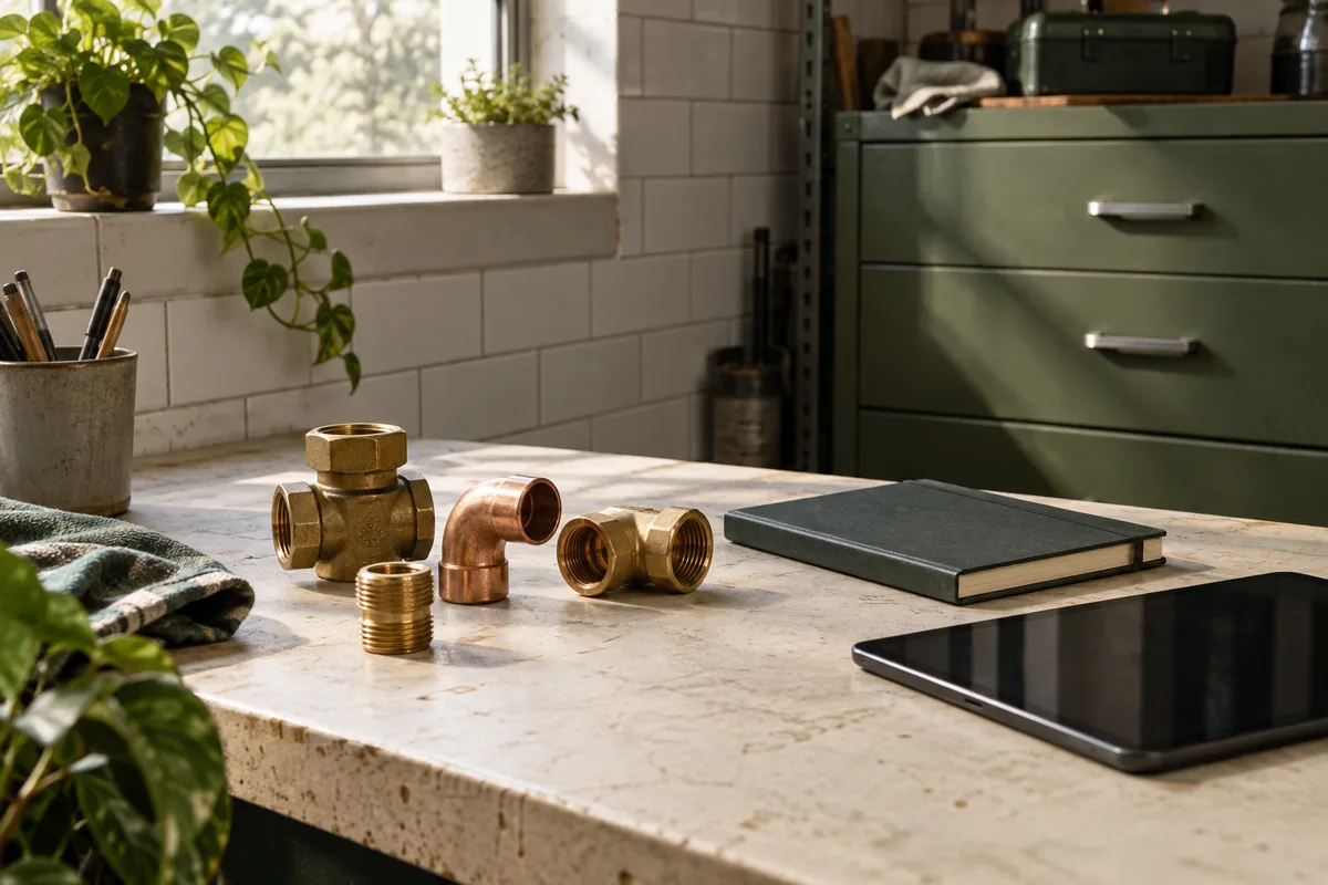 Editorial still life of plumbing fittings, a notebook and a tablet