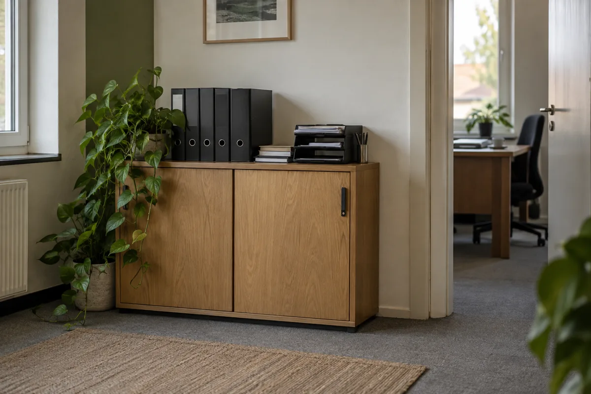 Editorial image of an organised office storage corner with folders and a plant