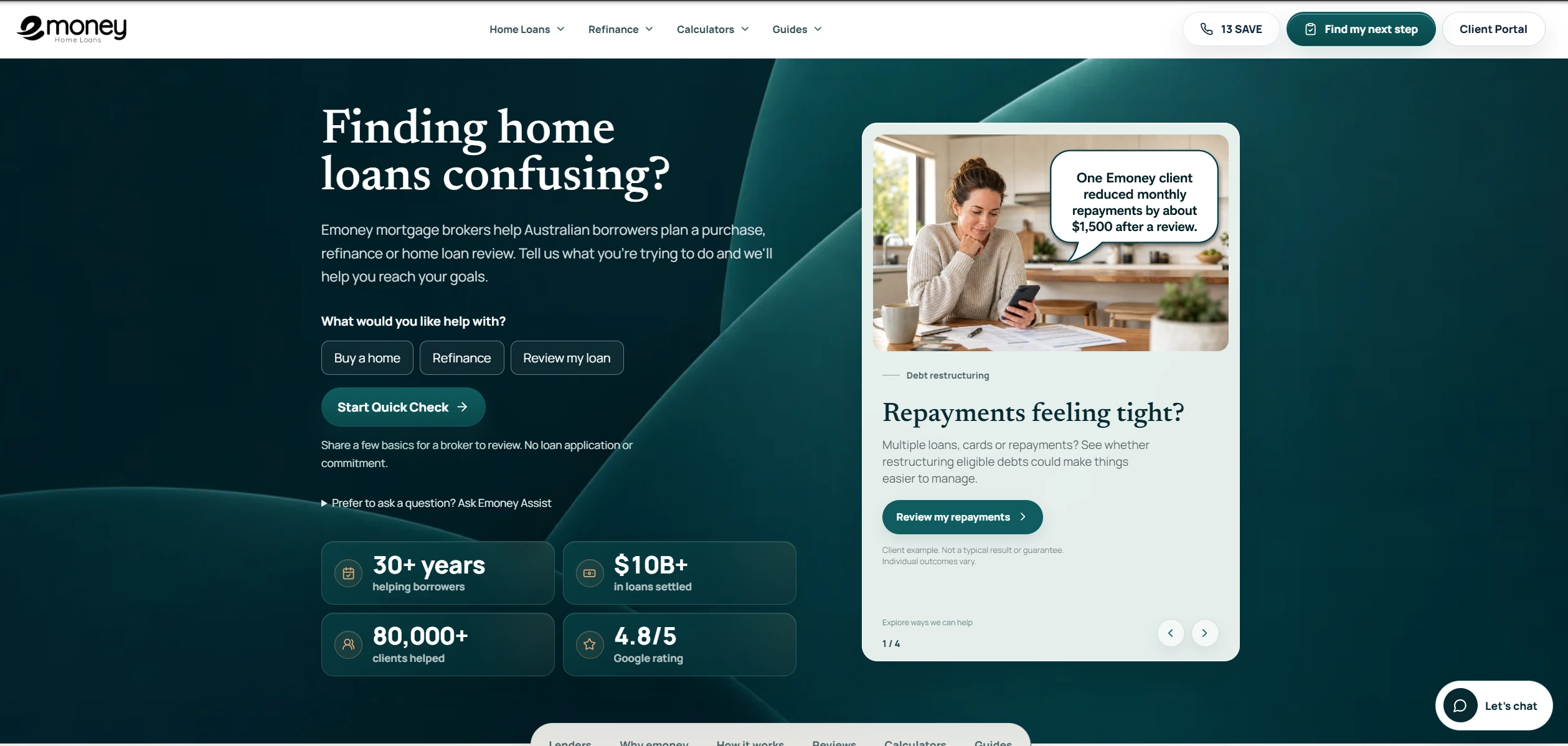 Emoney Home Loans website, showing guided enquiries and quick-check options